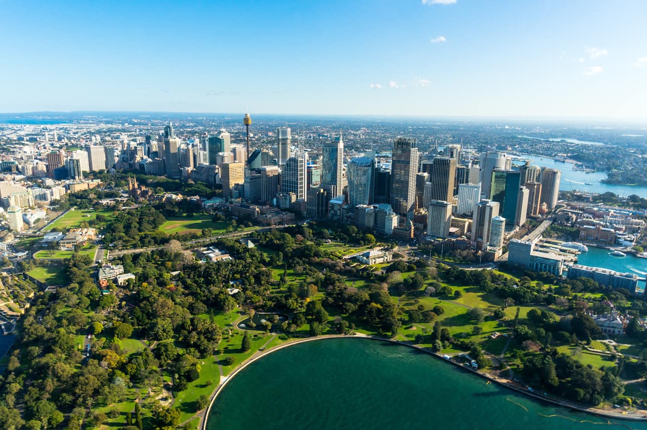 Vista aérea Sydney e Royal Botanic Gardens, Austrália