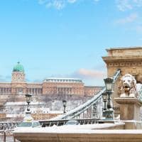 Chain bridge and royal palace in budapest at winter day hungary
