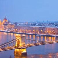 Parliament building and chain bridge at night budapest