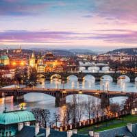 Winter in prague city panorama with tyn cathedral and clock tower prague